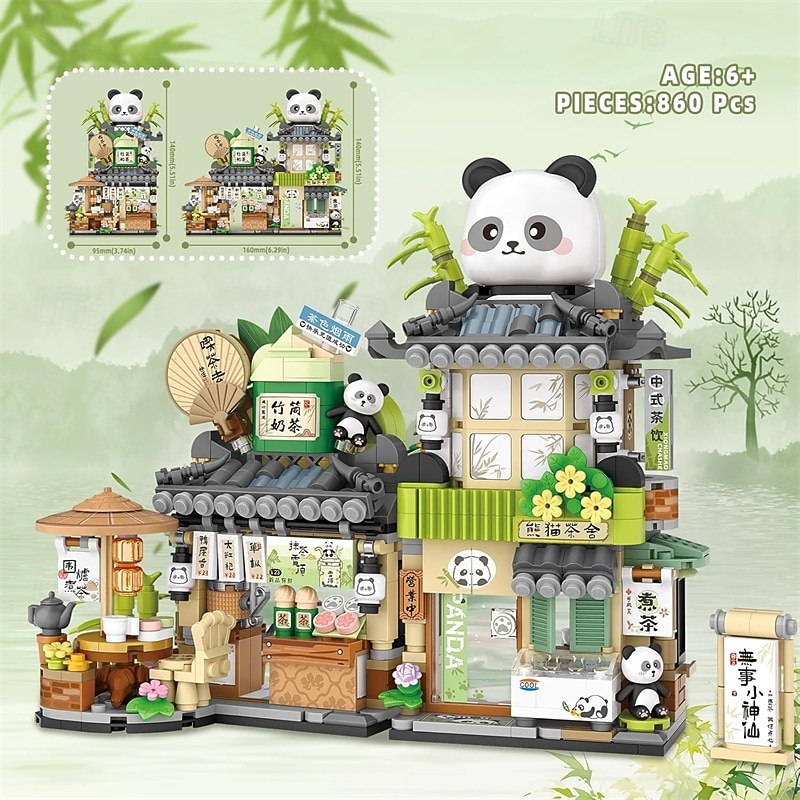 Street View Tea Shop Mini Building Blocks MOC Creative Building Toys Cute Panda Animals Building Set for Girls 6-12 Simulation Architecture Construction Toy Gift Idea for Kids Adults (860PCS)2