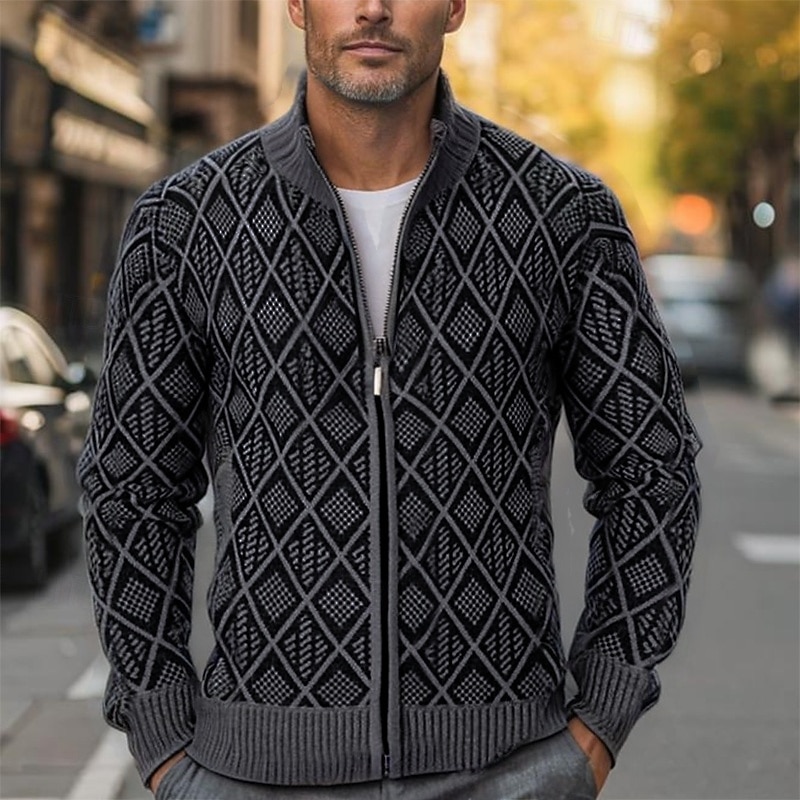 Men's Cardigan Zip Sweater Chunky Knit Regular Zipper Pocket Geometric Standing Collar Knitwear Elegant Home Work Clothing Apparel Bishop Sleeve Spring Fall Black Navy Blue M L XL 5