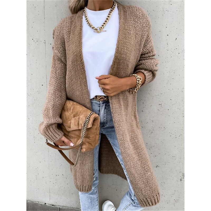 Women's Sweater Cardigan Casual Soft Pure Color Ribbed Open Front Knitted Long Sleeve Long Tops Knit Outdoor Daily Weekend Pink Green Fall Winter