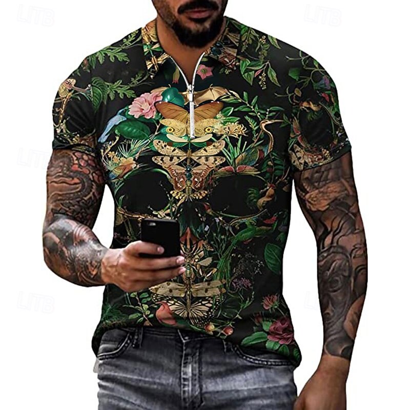 Day of the Dead Men's Skull Rose Zip Polo Shirts Golf Shirt Short Sleeve Polo Shirts Collared Shirts Casual Horror Streetwear Festival Wear Party Outfits 3D Print Quarter Zip Polo White Purple Green3