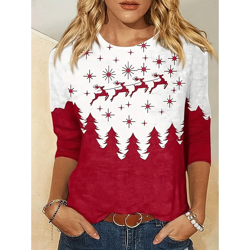 Women's T-shirt Reindeer Pine Tree Star Print Long Sleeve Round Neck Red White Casual Festive Holiday Top Clothing Apparel