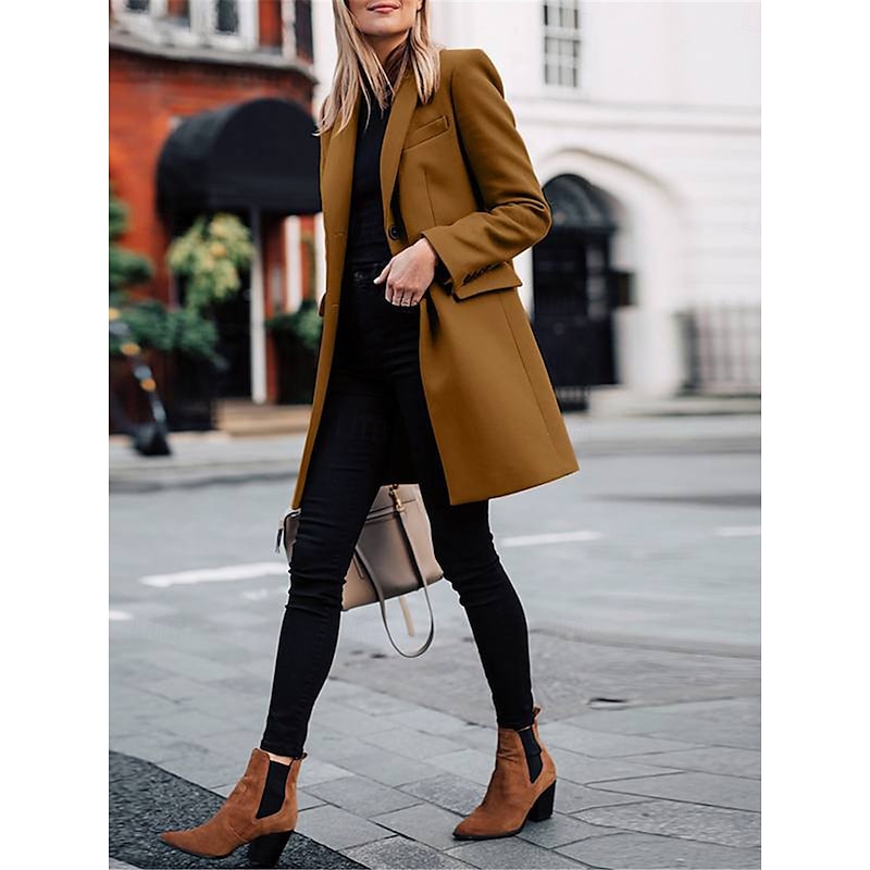 Women's Coat Outdoor Office Street Fall Winter Long Coat Regular Fit Thermal Warm Breathable Stylish Casual Jacket Long Sleeve Plain with Pockets Black Red Coffee3