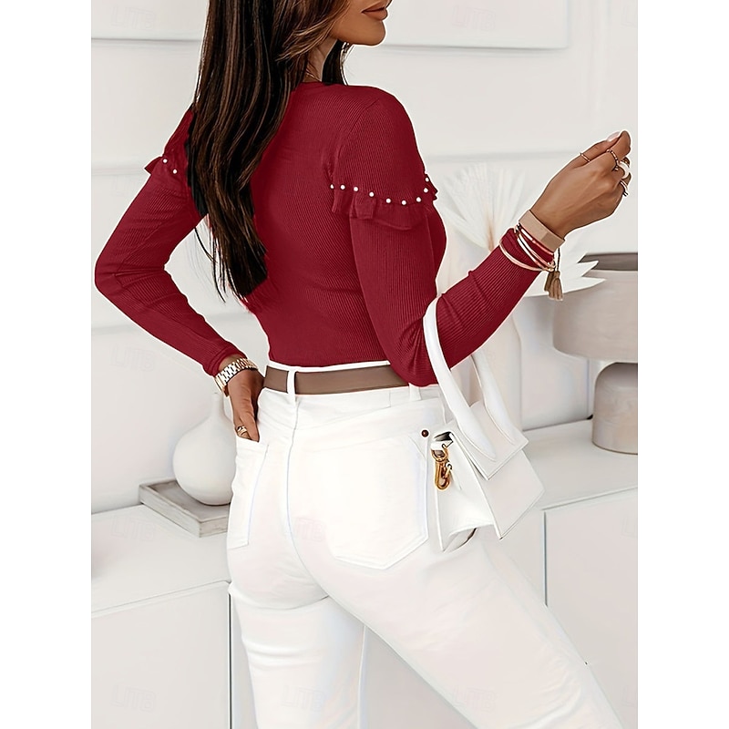 Women's Shirt Blouse Solid Color Basic Casual Long Sleeve Crew Neck Regular Tops Daily Ruffle Patchwork Beaded Black Wine Fall Winter3