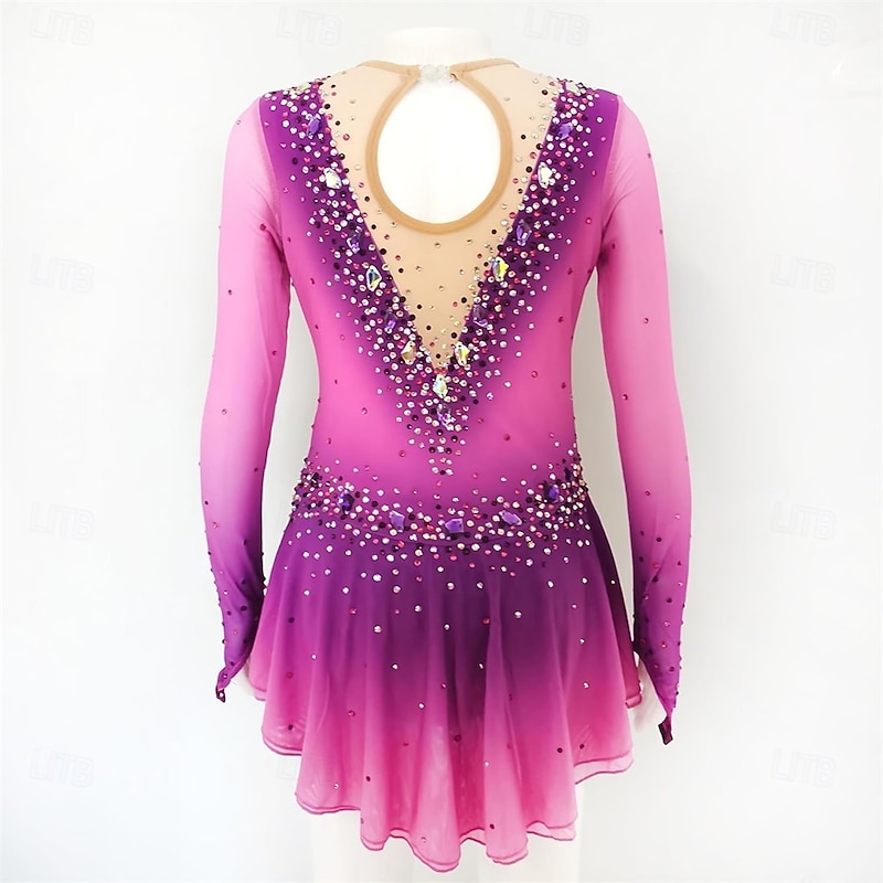 Figure Skating Dress Women's Girls' Ice Skating Dress Purple Gradient Figure Skating Skirt High Elasticity Training Competition Skating Wear Classic Crystal / Rhinestone Long Sleeve Ice Skating Figure Skating2