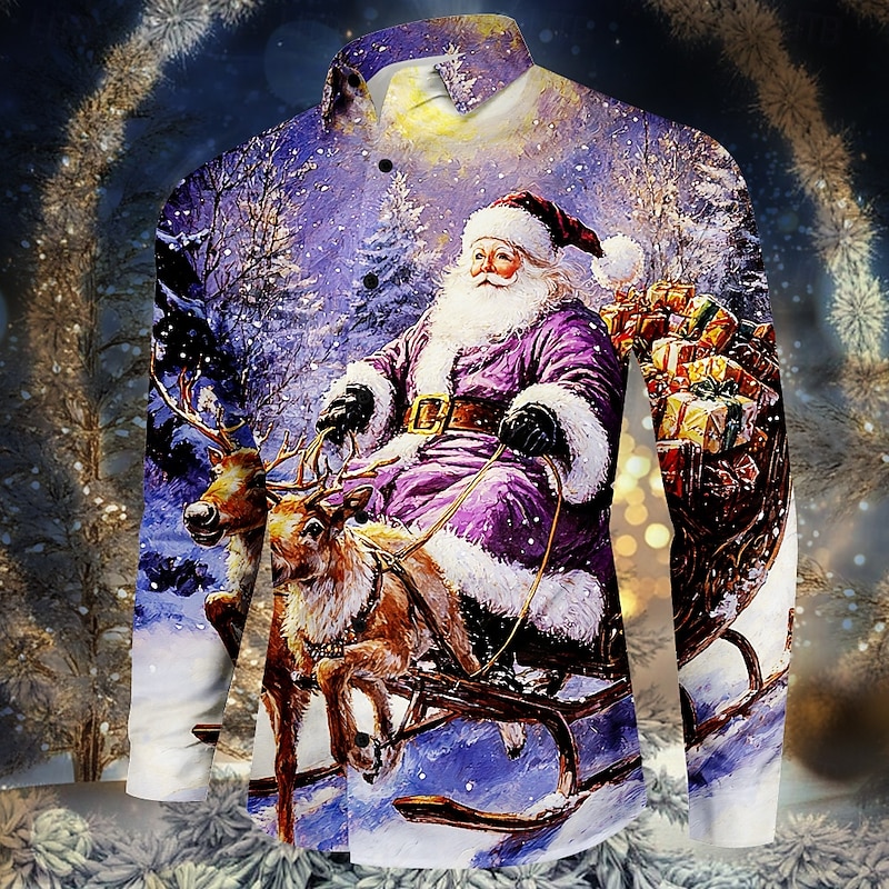 Christmas Men's Santa Claus Shirt Dress Shirt Button Up Shirt Long Sleeve Fashion Casual Party Evening Wear Daily Festival Fall Winter Spring & Summer Shirt Collar Button Up 3D Print Violet