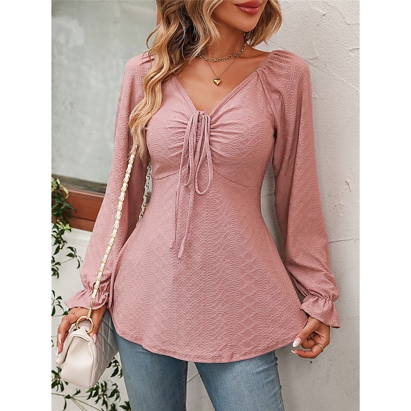 Women's T Shirt Plain Fashion Modern Casual Long Sleeve V Neck Regular Tops Daily Weekend Smocked Pink Fall Winter