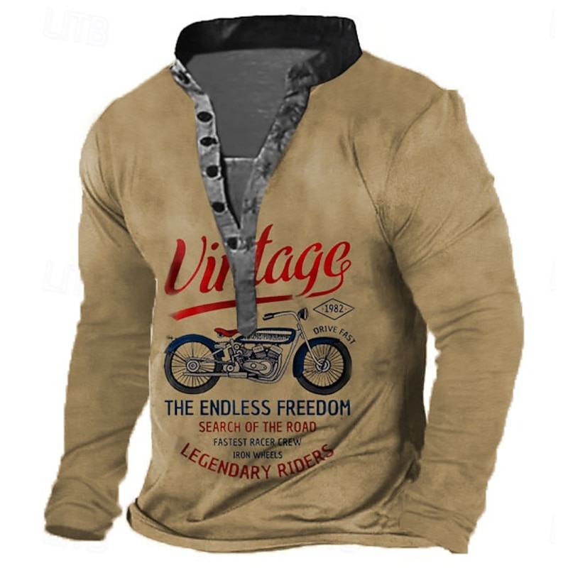 Men's Motorcycle T Shirt Henley Shirt Long Sleeve 3D Print Retro Vintage Casual Vacation Daily Going out Summer Khaki Henley Henley T-Shirt