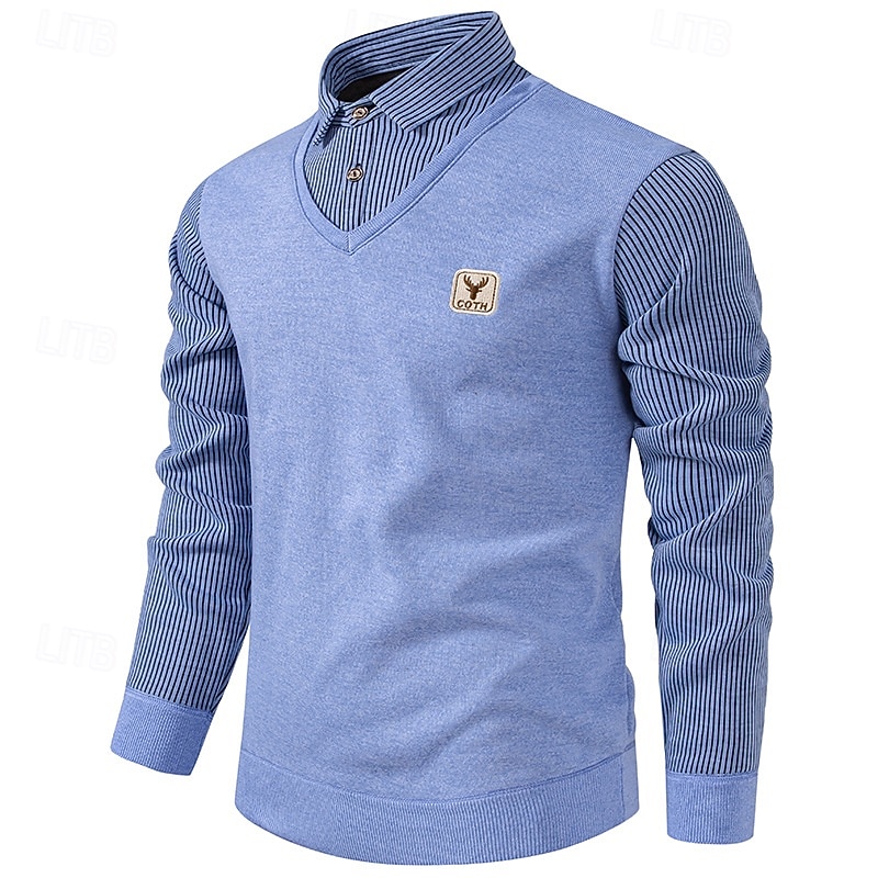Men's Pullover Sweater Jumper Knit Sweater Mens Dress Sweaters Ribbed Knit Regular Knitted Fake two piece Stripe Shirt Collar Fashion Casual Daily Wear Date Clothing Apparel Fall & Winter Black Blue