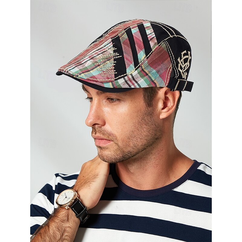 Men's Vintage Patchwork Flat Cap with Adjustable Strap – Casual Stylish Newsboy Hat for All Seasons2