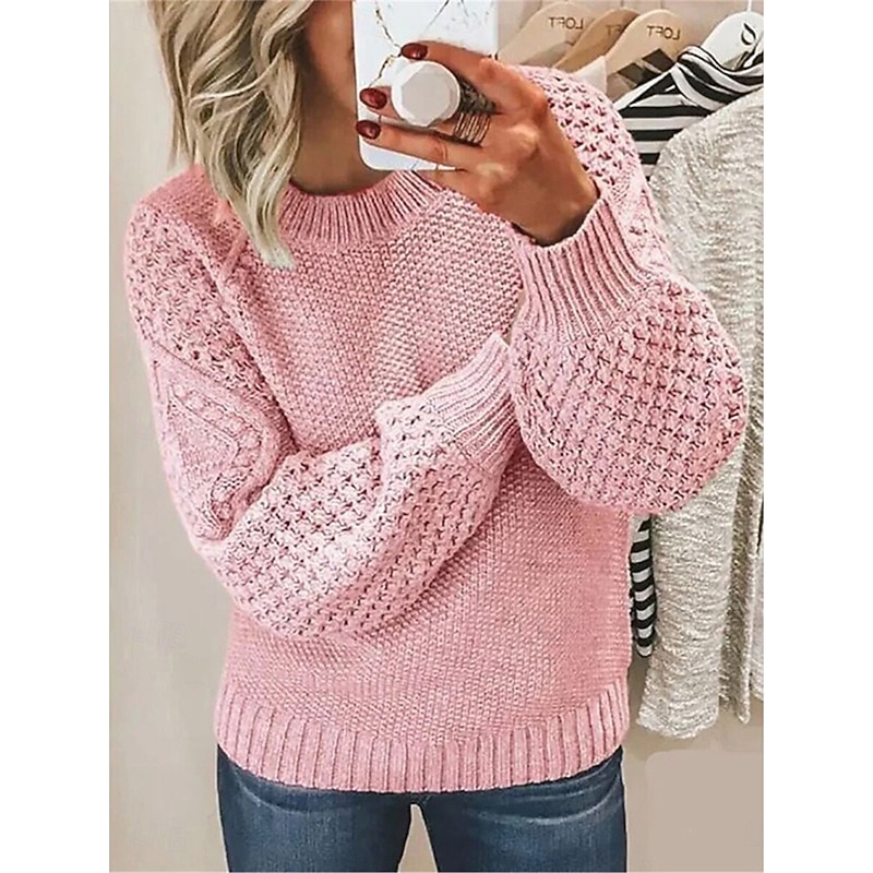 Women's Sweater Pullover Sweater Jumper Casual Soft Pure Color Cable Crew Neck Knitted Long Sleeve Regular Tops Knit Outdoor Daily Weekend White Pink Fall Winter3