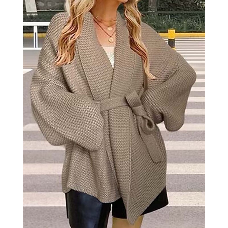 Women's Cardigan Streetwear Daily Solid Color Open Front Knitted Textured Long Sleeve Regular Tops Knit Outdoor Black Khaki Fall Winter4