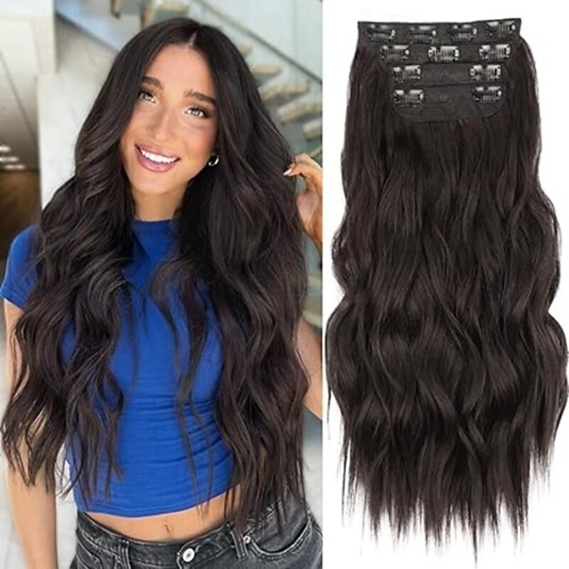Clip in Long Wavy Synthetic Hair Extension 24 Inch 4PCS Thick Hairpieces Fiber Double Weft Hair for Women4