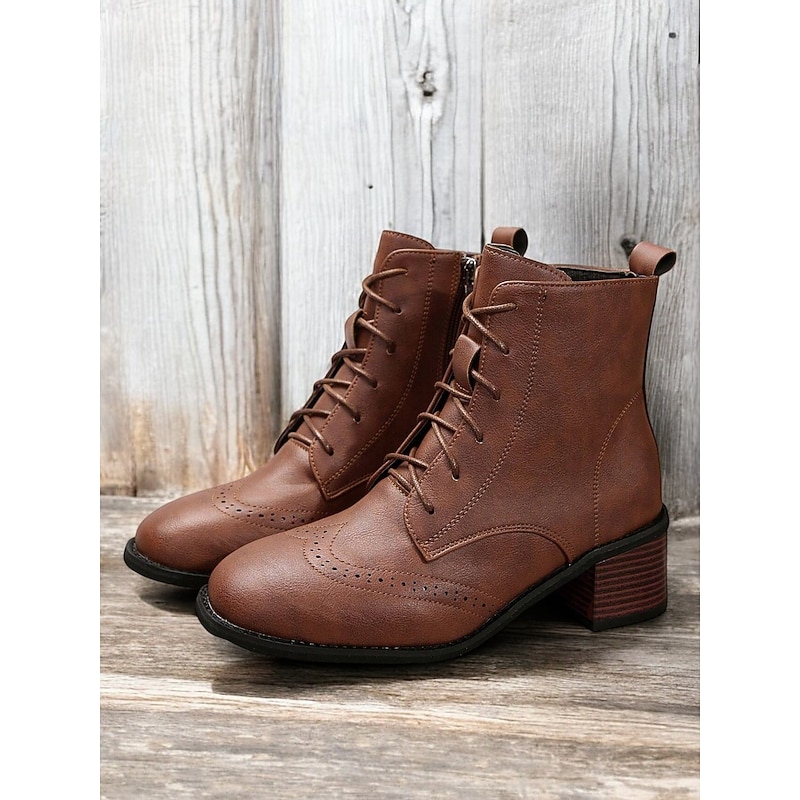 Women's Brown Lace-Up Ankle Boots with Brogue Detailing – Vintage Block Heel Boots for Casual and Everyday Wear