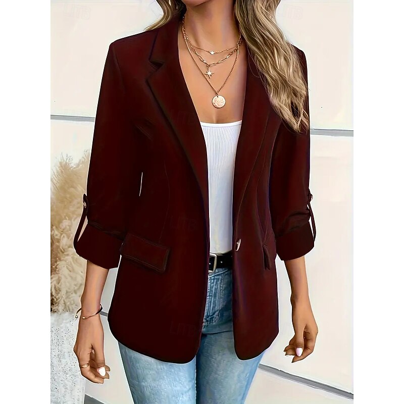 Women's Blazer Button Solid Color Casual / Daily Stylish Regular Fit Outerwear Long Sleeve Winter claret S2