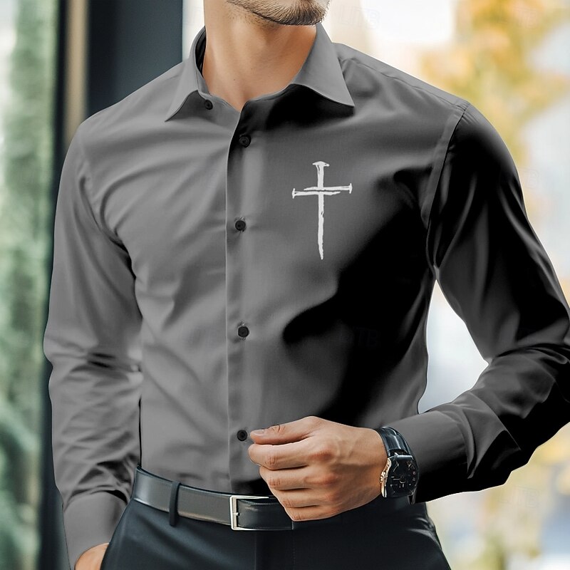 Men's Dress Shirt Button Up Shirt Cross Formal Business Black White Blue Brown Long Sleeve Shirt Collar Fall Winter Clothing Apparel Button Up4