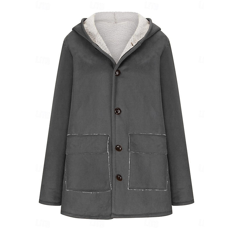 Women's Fleece Jacket Teddy Coat Warm Breathable Buttons Pocket Fleece Lined Casual Plain Vacation Street Daily Wear Going out Zipper Long Hoodie Regular Fit Long Sleeve Outerwear Brown Khaki Gray2