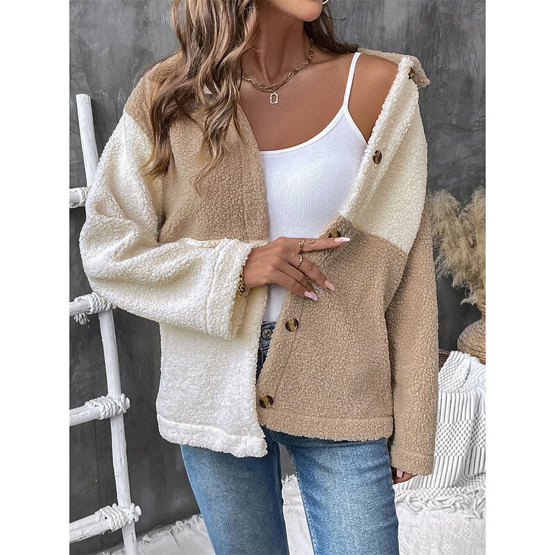 Women's Fleece Jacket Teddy Coat Warm Breathable Pocket Fleece Lined Casual Color Block Vacation Street Daily Wear Going out Single Breasted Regular Turndown Regular Fit Long Sleeve Outerwear Brown3