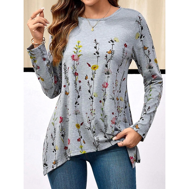 Women's Tunic T Shirt Floral Casual Long Sleeve Crew Neck Regular Tops Daily Print Asymmetrical Gray Spring &  Fall