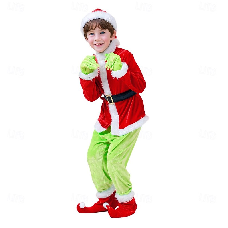 Santa Suit Outfits Christmas Dress Cosplay Costumes Boys' Girls' Christmas Cosplay Costume Kid's Christmas Carnival Masquerade Christmas Party Top Pants Gloves Belt Shoes3