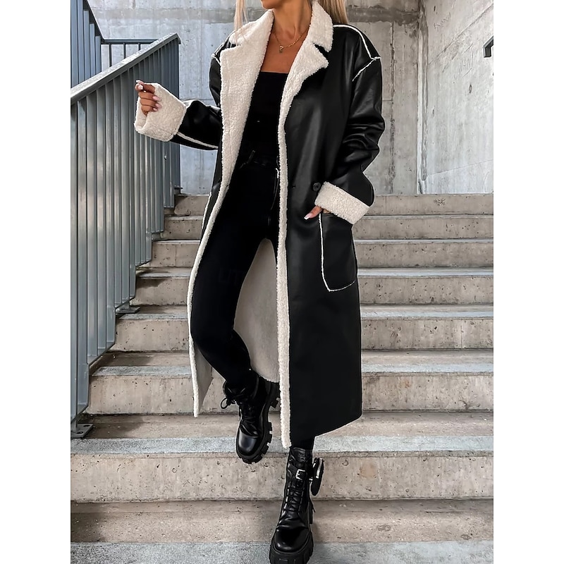 Women's Faux Leather Jacket Winter Coat Winter Jacket Windproof Warm Work Street Daily Wear Vacation Pocket Single Breasted Turndown Casual Street Style Solid Color Loose Fit Outerwear Long Sleeve3