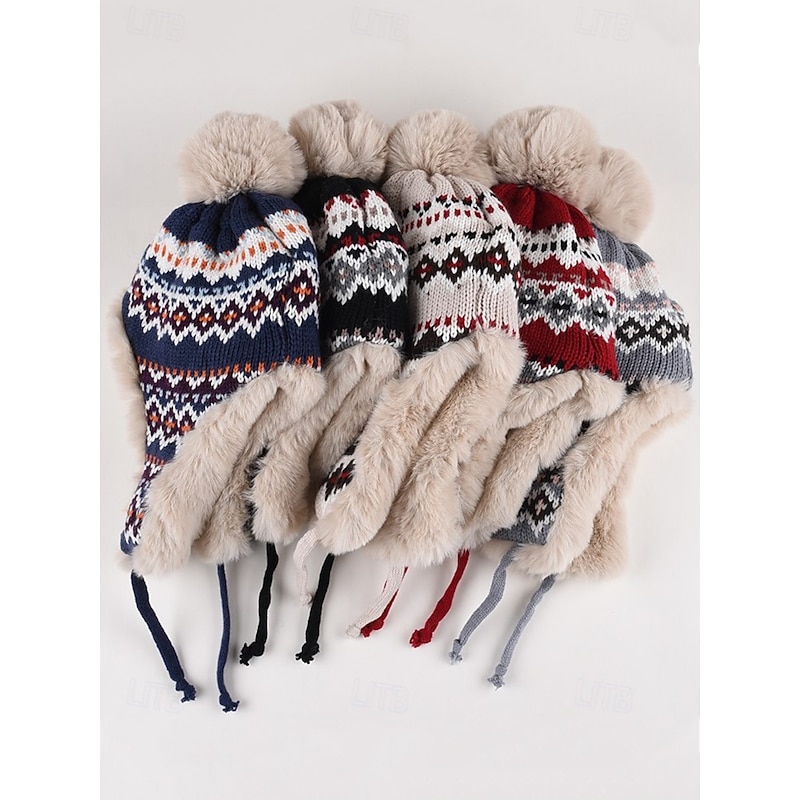 Winter Knitted Trapper Hat with Pom-Pom and Faux Fur Lining - Warm Ear Flap Beanie for Women4
