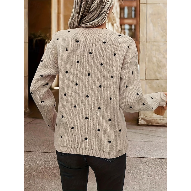Women's Sweater Pullover Sweater Jumper Casual Soft Polka Dot Ribbed Crew Neck Knitted Long Sleeve Regular Tops Knit Outdoor Daily Weekend Camel Fall Winter2