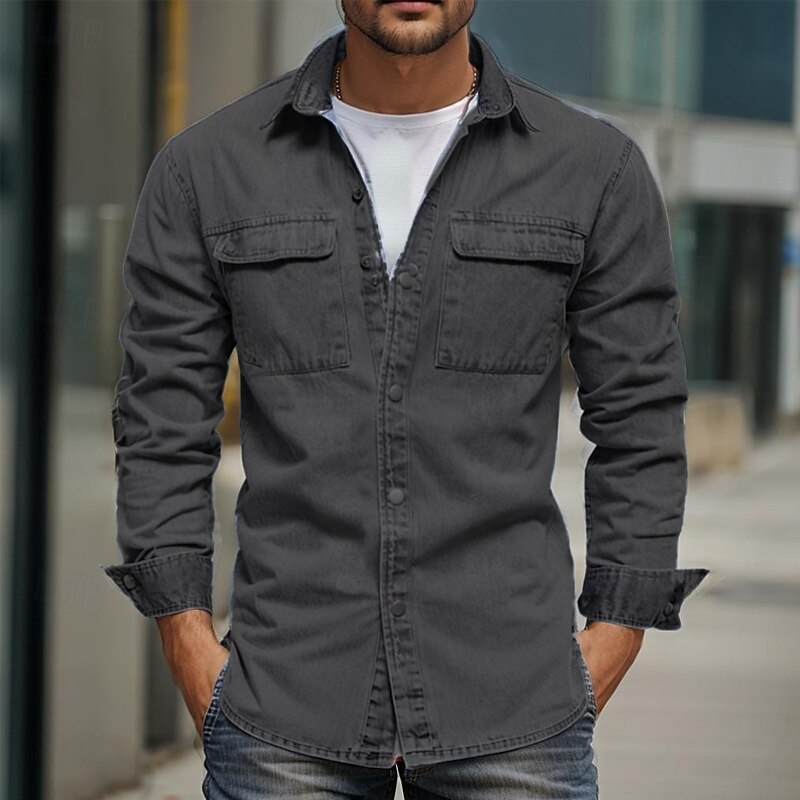 Men's Casual Shirt Overshirt Denim Shirt Solid Color Home Office Light Blue Dark Gray Long Sleeve Collar Summer Spring Clothing Apparel Buttons4