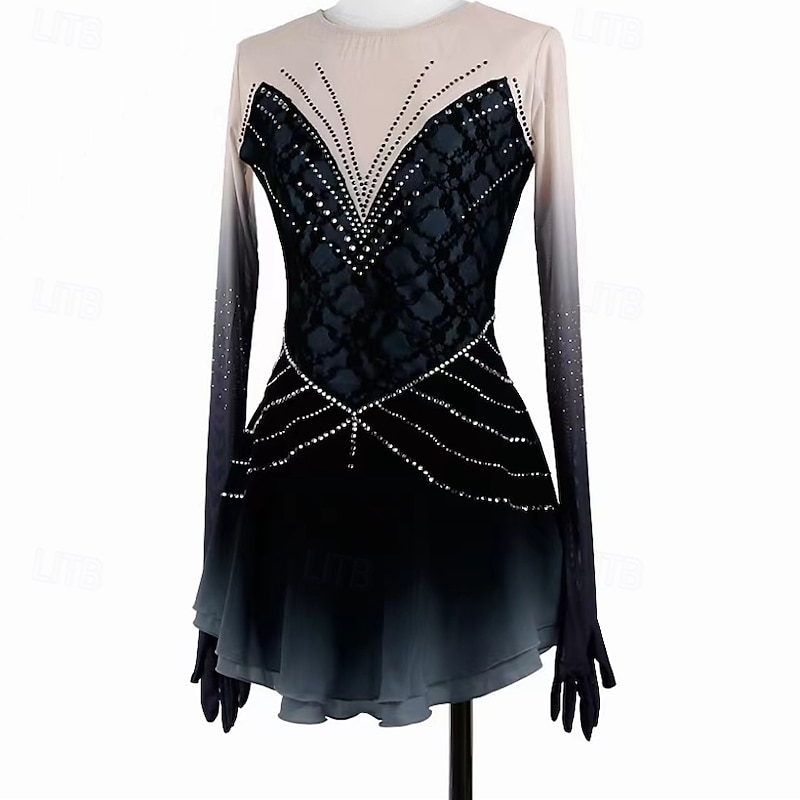 Figure Skating Dress Women's Girls' Ice Skating Dress Dark Grey Forest Green Thumbhole Halo Dyeing Mesh Spandex Stretchy Training Practice Professional Skating Wear Thermal Warm Classic Crystal4