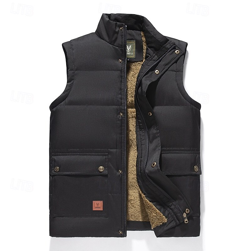 Men's Quilted Vest Daily Casual Fall & Winter Pocket Polyester Comfortable Solid Color Zipper Stand Collar Black Khaki Army Green Dark Blue Vest4