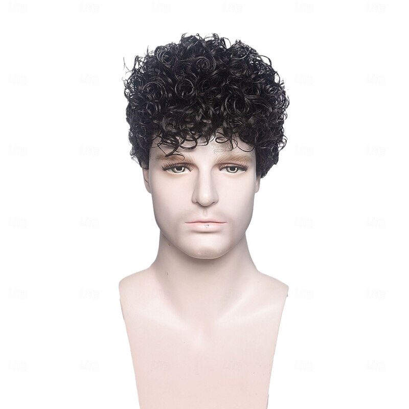 Synthetic Wig Curly Asymmetrical Wig Short Black Synthetic Hair Men's Fashionable Design Soft Natural Black2