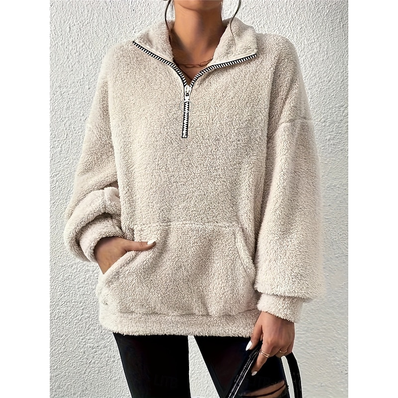 Women's Sweatshirt Casual Sherpa Fleece Plain Street Dailywear Turtleneck Pocket Half Zip Long Sleeve Brown Beige Gray Fall Winter