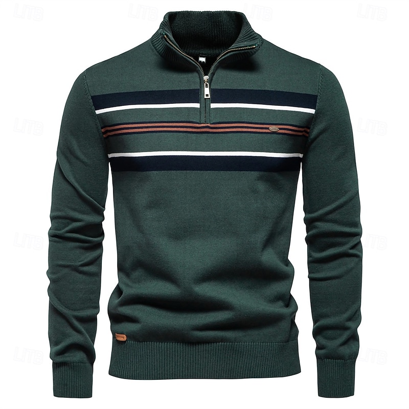 Men's Knit Striped Half Zip Knitwear Elegant Christmas Gifts Home Clothing Apparel Bishop Sleeve Fall Winter Navy Blue Dark Green S M L3