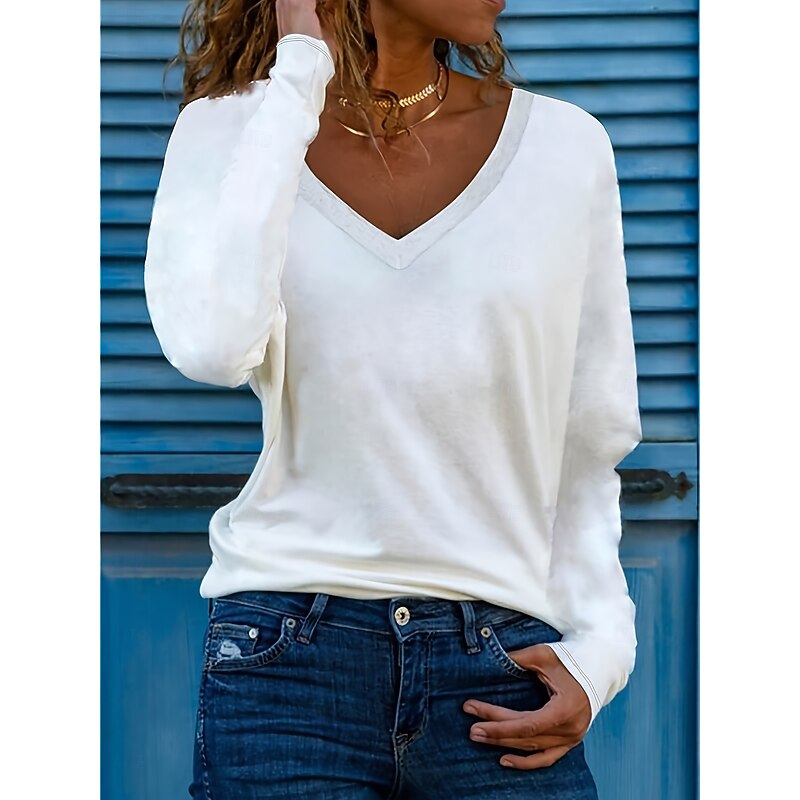 Women's T Shirt Basic Patchwork Flutter Sleeve Long Sleeve Regular Tops V Neck Daily Sports Black White Red Green Cross-Seasons3