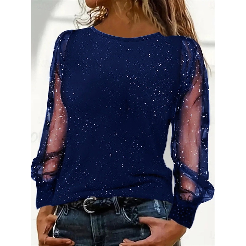 Women's Sequin Sparkly Party Glitter Plain Fashion Modern Casual Long Sleeve Crew Neck Regular Tops Daily Weekend Patchwork Mesh Black Wine Blue Fall Winter3