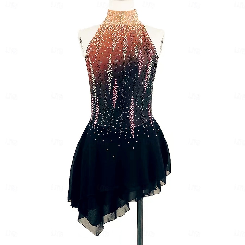 Figure Skating Dress Women's Girls' Ice Skating Dress Black Red Halo Dyeing Asymmetric Hem Mesh Spandex Stretchy Training Practice Professional Skating Wear Thermal Warm Classic Crystal / Rhinestone
