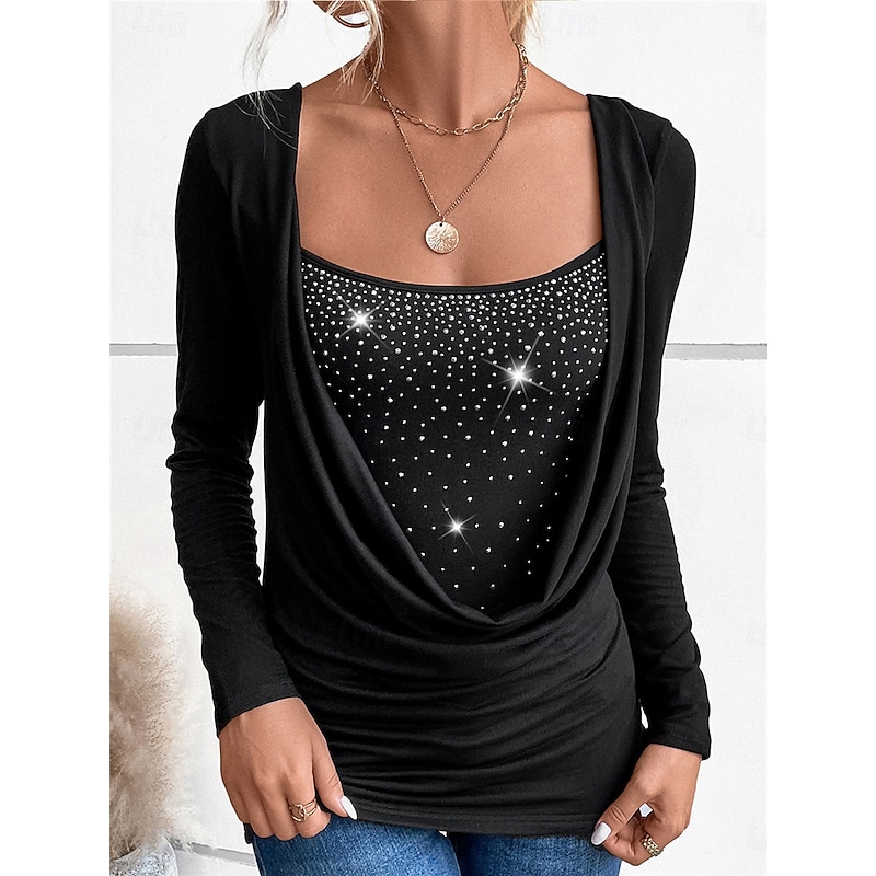 Women's Shirt Sequin Sparkly Party Solid Color Basic Casual Long Sleeve Crew Neck Regular Tops Daily Patchwork Black Wine Green Fall Winter 5