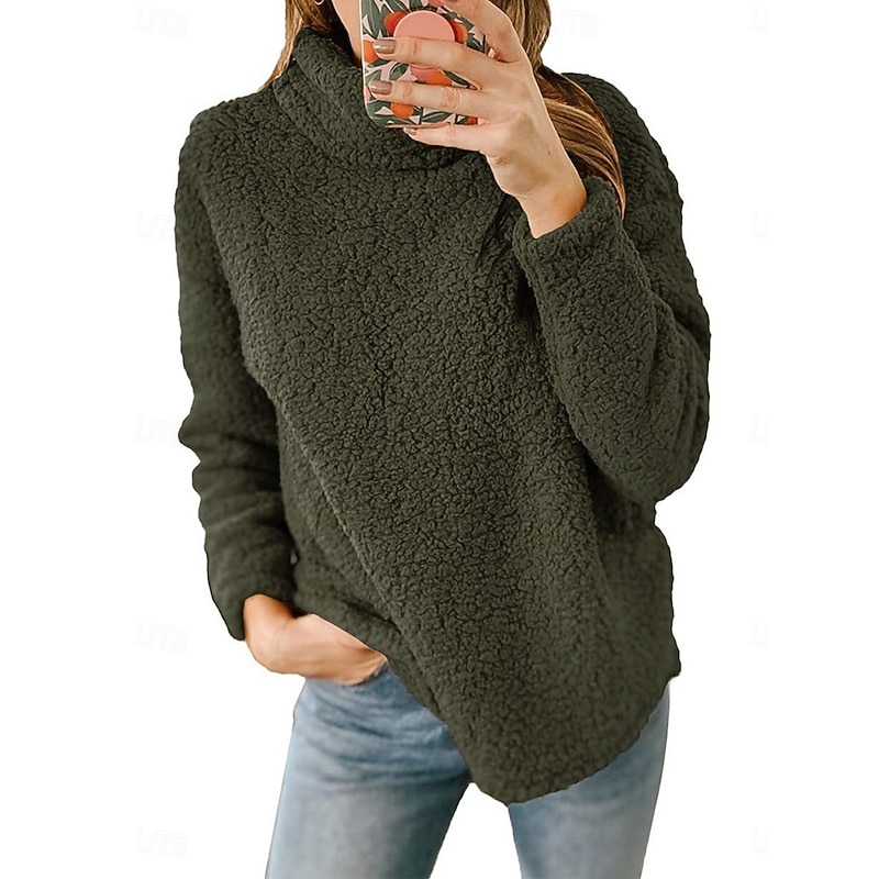 Women's Sweatshirt Casual Sherpa Plain Street Dailywear Turtleneck Print Long Sleeve Green Beige Gray Fall Winter