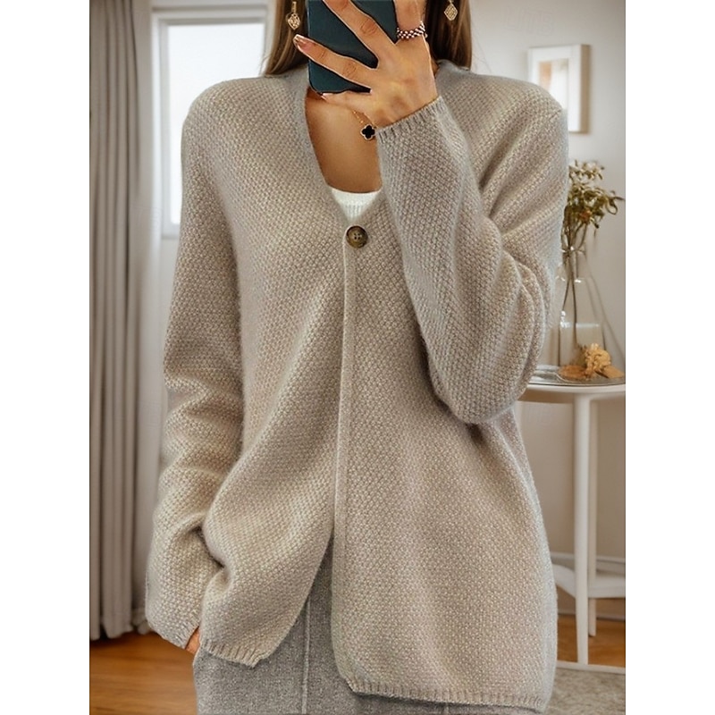 Women's Sweater Cardigan Sweater Jacket V Neck Knit Button Knitted Spring Fall Home Daily Weekend Elegant Daily Soft Long Sleeve Pure Color Camel Beige3