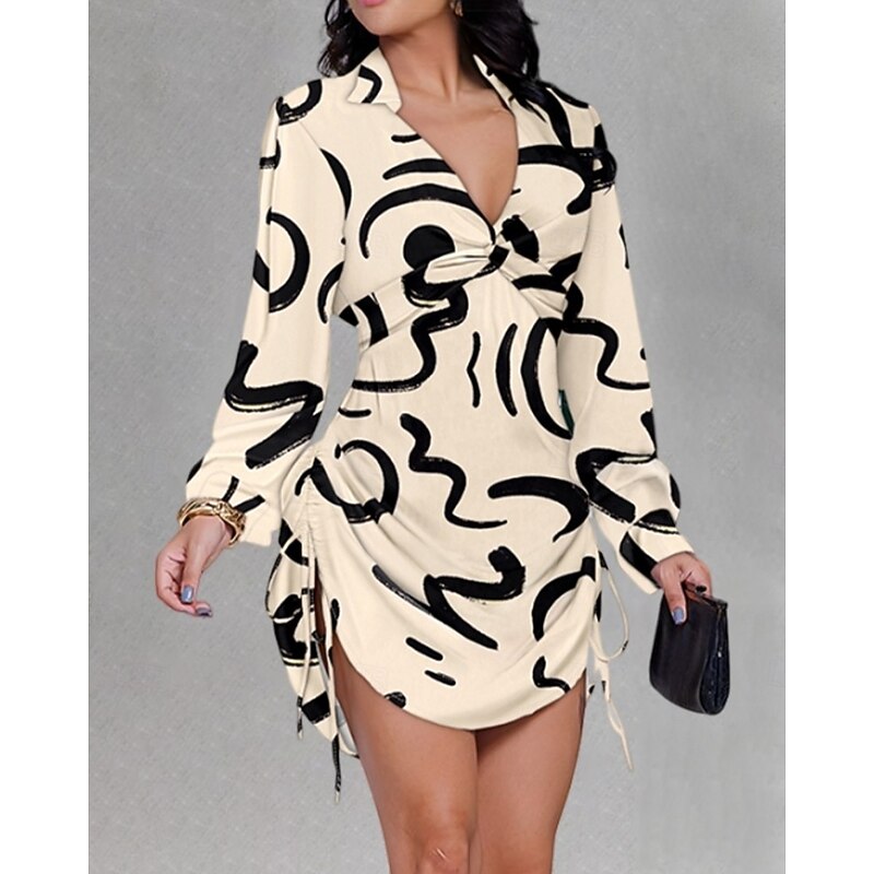Women's Sheath Dress Geometric Drawstring Asymmetrical Hem V Neck Mini Dress Elegant Daily Long Sleeve Fall4