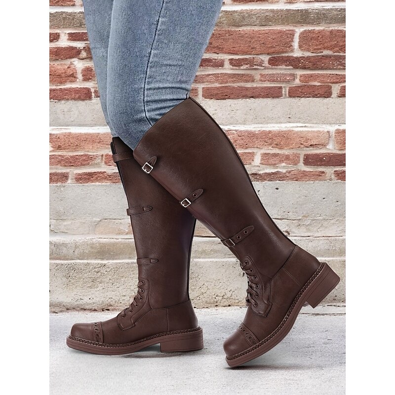 Women's Wide-Calf Lace-Up Combat Boots with Buckle Straps, Rugged Sole - Comfortable & Stylish for Casual and Outdoor Wear2