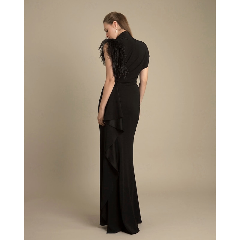 Black Dress Sheath Evening Gown Elegant Dress Formal Floor Length Short Sleeve One Shoulder Pocket Stretch Crepe with Feather2
