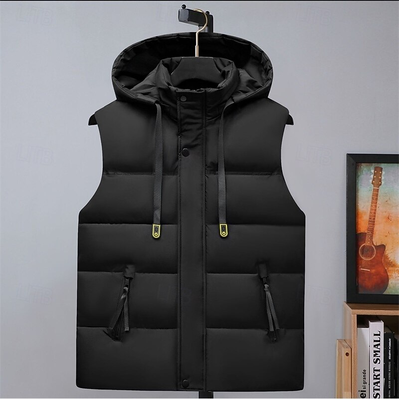 Men's Puffer Vest Hoodie Vest Padded Gilet Quilted Vest Daily Date Vacation Fashion Casual Fall & Winter Pocket Detachable Hood Polyester Warm Comfortable Color Block Hidden Hooded Regular Fit Black2