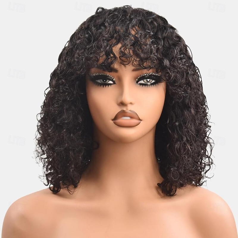 Short Curly Human Hair Wigs Short Curly Bob Wig Human Hair With Bangs For Women Glueless Short Water Wave Human Hair Wig With Bangs Natural Black 12Inch2