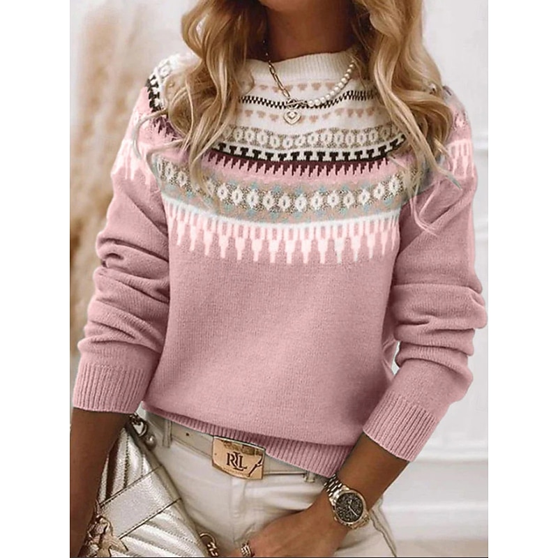 Women's Sweater Pullover Sweater Jumper Casual Soft Geometric Color Block Ribbed Crew Neck Knitted Long Sleeve Regular Tops Knit Outdoor Daily Weekend Pink Blue Fall Winter3