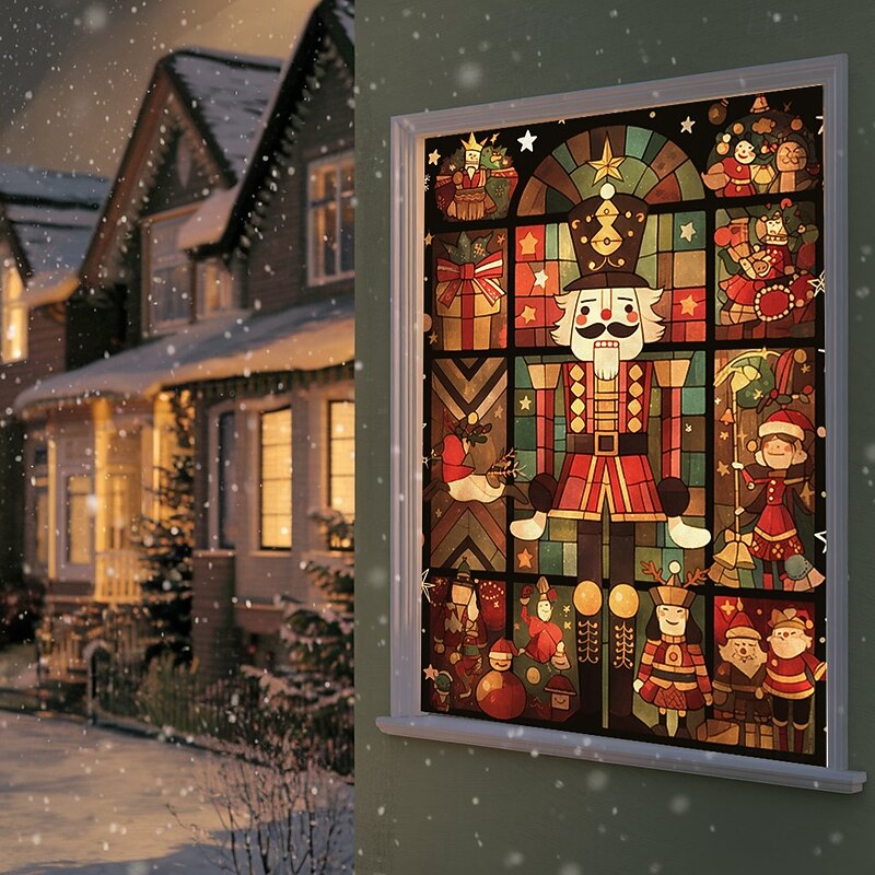 Christmas Window Cover Decorations, Fabric Stained Glass Nutcrackers Curtain Movie Poster Window Door Covering Decor for Christmas House, Window Clings Decals Indoor Outdoor