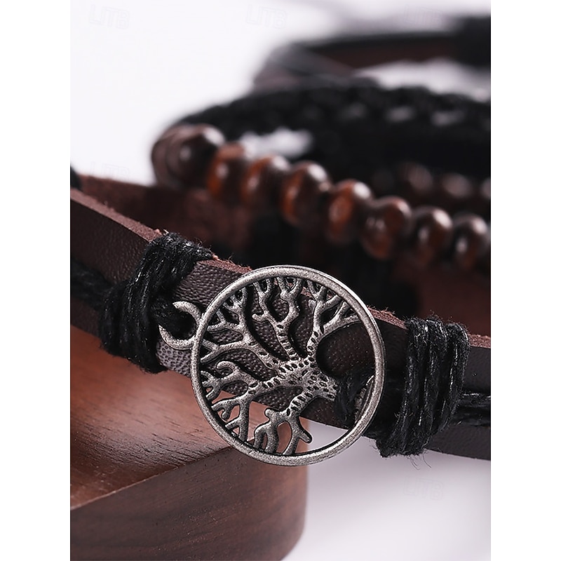 Men's Leather Beaded Bracelet Set with Tree of Life Charm – Vintage Layered Wristband Jewelry3