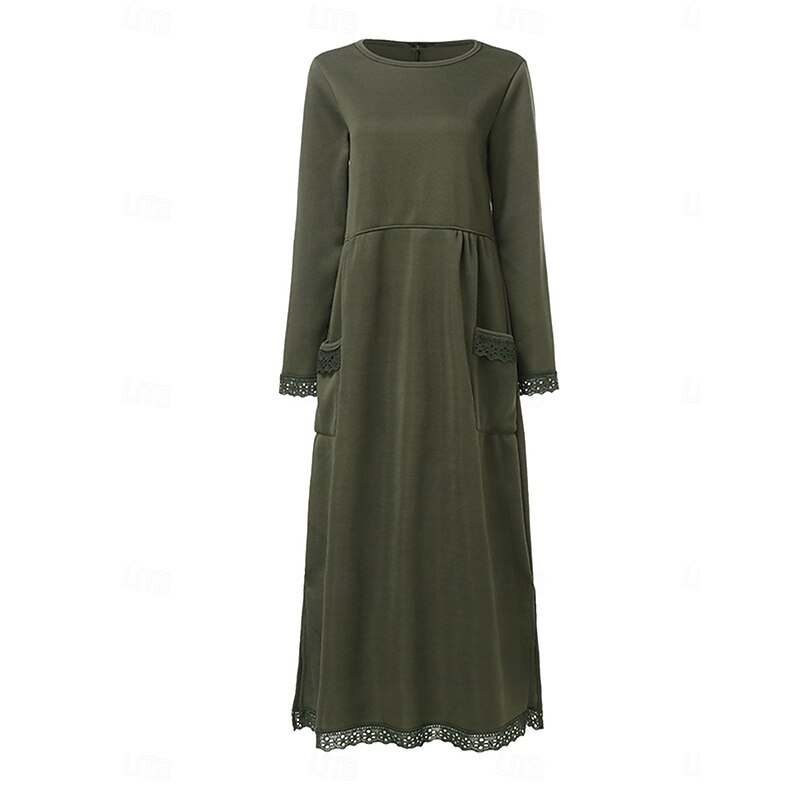 Women's Lace Dress Maxi Dress Lace Patchwork Casual Crew Neck Long Sleeve Black Green Gray Color 6