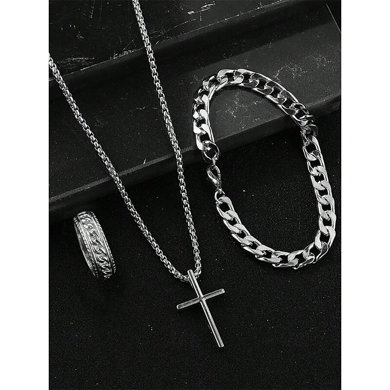 Men's Alloy Cross Necklace, Chain Bracelet, and Engraved Ring Set – Durable and Stylish Christian Jewelry2