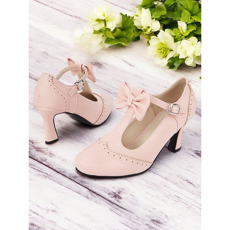 Women's Vintage Pink Bow T-Strap Heels - Classic Mid Heel Dress Shoes with Buckle Strap for Weddings, Parties, and Formal Events2