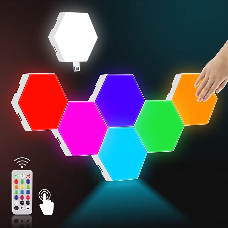 LED Smart Light Hexagonal LED Remote Control Wall Light, Modular Touch Color DIY Lighting for Bedroom, Bathroom, Living Room, Parties and Holidays 6-10 Piece Set2